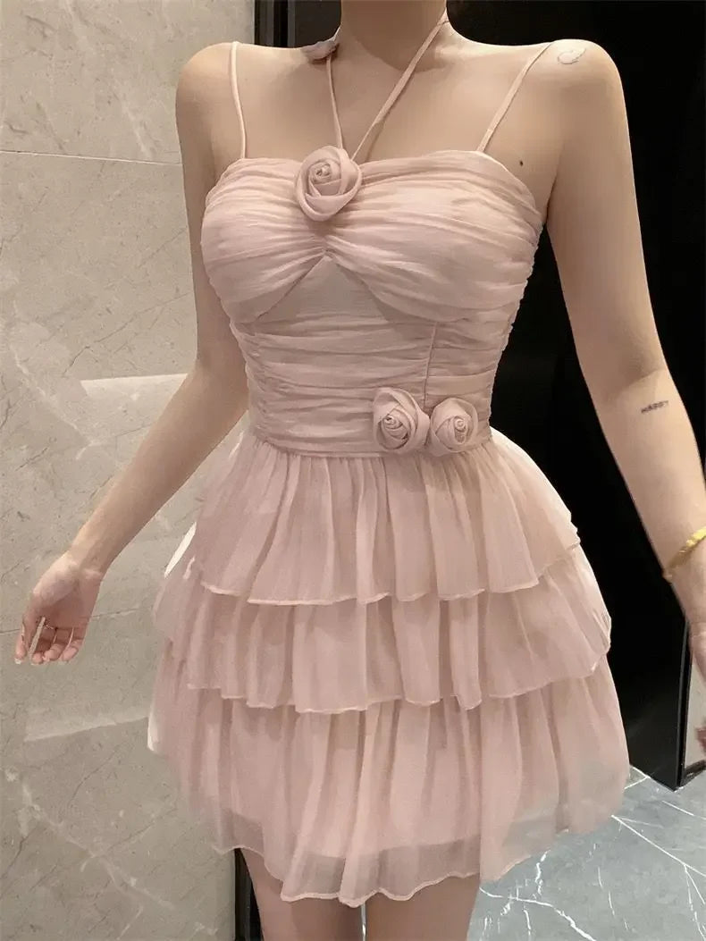 Cyflymder  Ballet Style Off-Shoulder Strap Dress Women's Summer New Waist-Cinching Slimming Heavy-Work Design Short Cake Skirt Dress