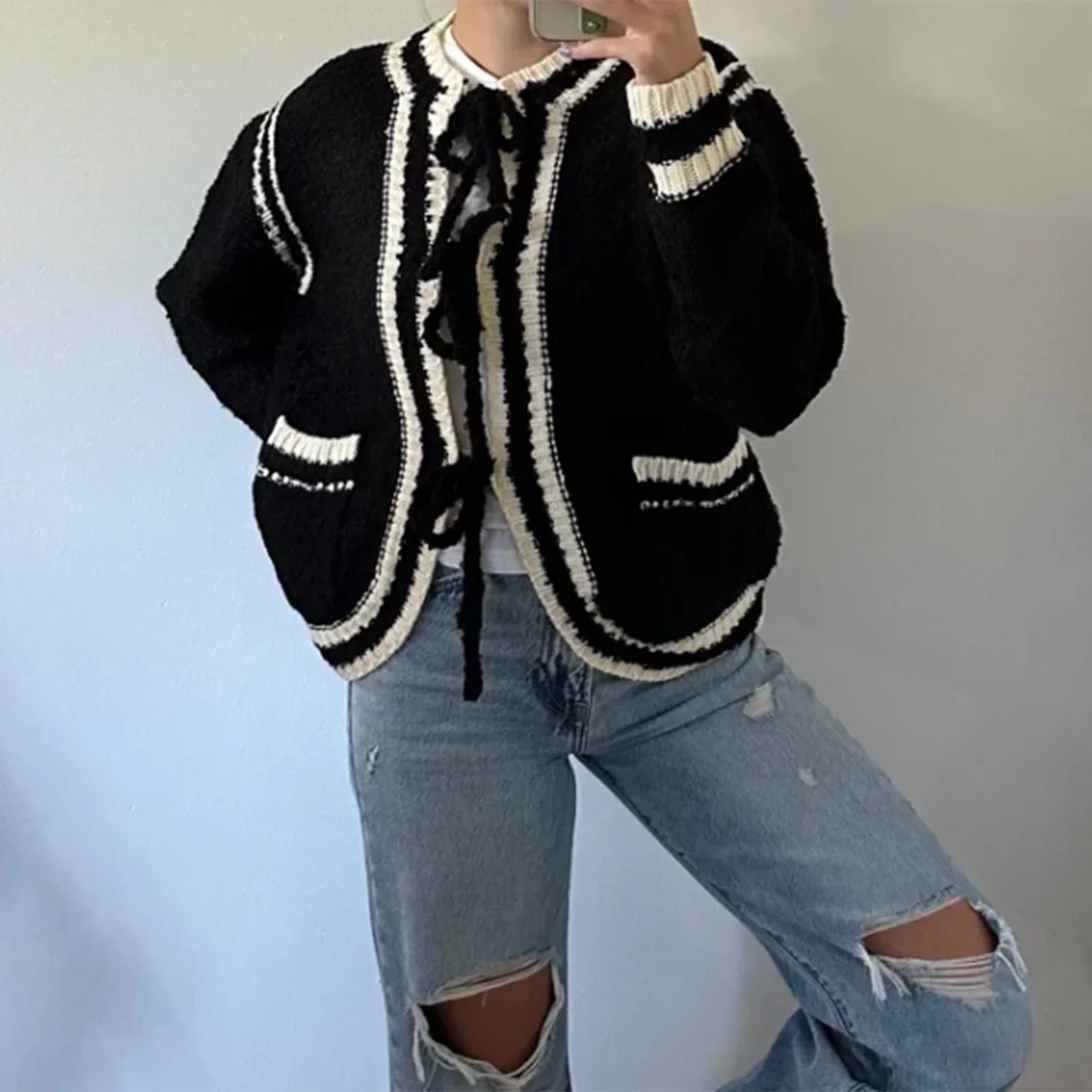 Cyflymder  Women Y2k Tie Front Knitted Cardigan Sweater Long Sleeve Open Front Oversized Cardigan Knitwear Tops 00s Vintage Streetwear