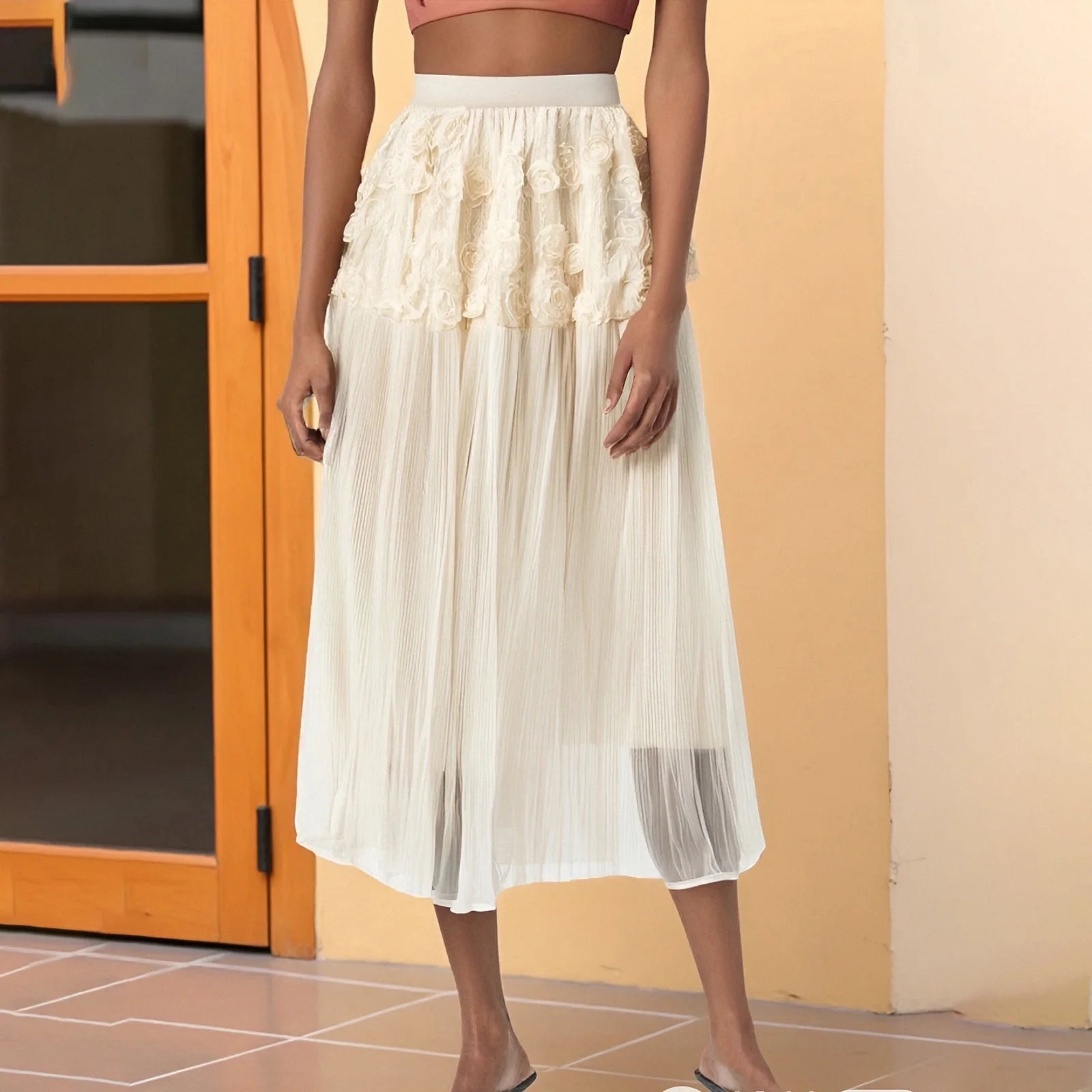 Cyflymder  Women 3D Floral Tulle Skirt Elegant Ladies Clothes High Waist A-Line Long Flowy Skirt Beach Party Skirts Streetwear
