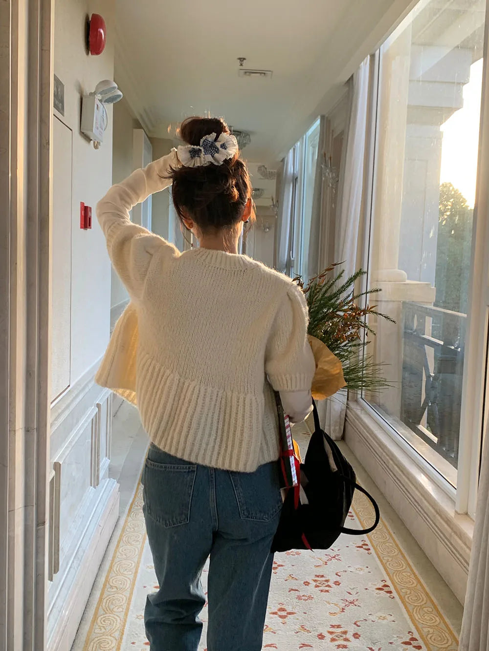Cyflymder  Chic Autumn New Sle Retro Splicing Lace Trim Soft Bubble Sve Knitted Sweater Women's Faionable Commute Loose Fit
