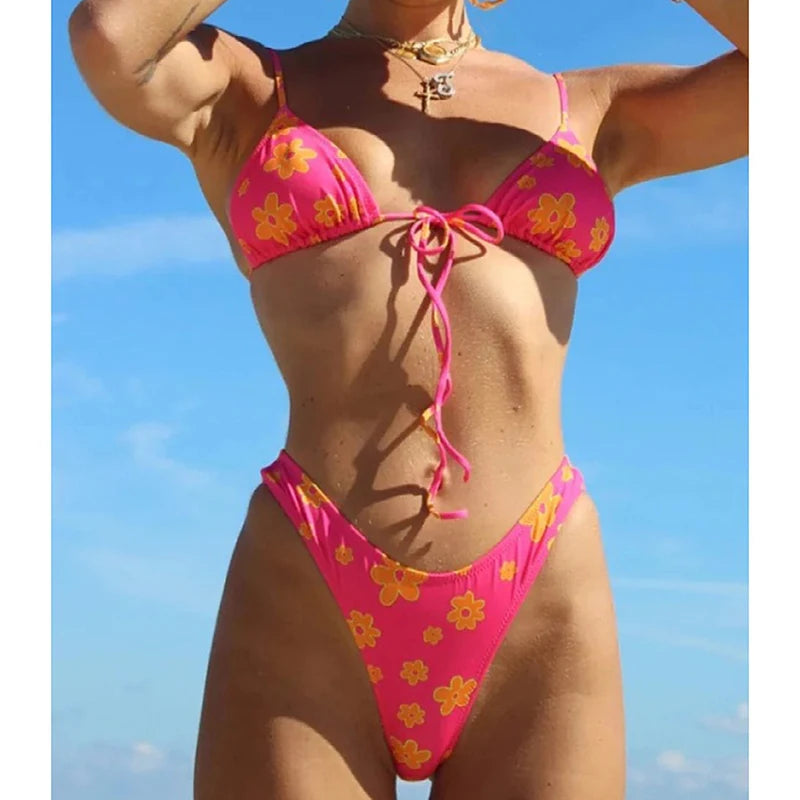 Cyflymder  Y2k Fashion Printing Bikini Push Up Swimwear Women Sexy Lace Up Triangle Thong Swimsuit New American Style Retro Beachwear