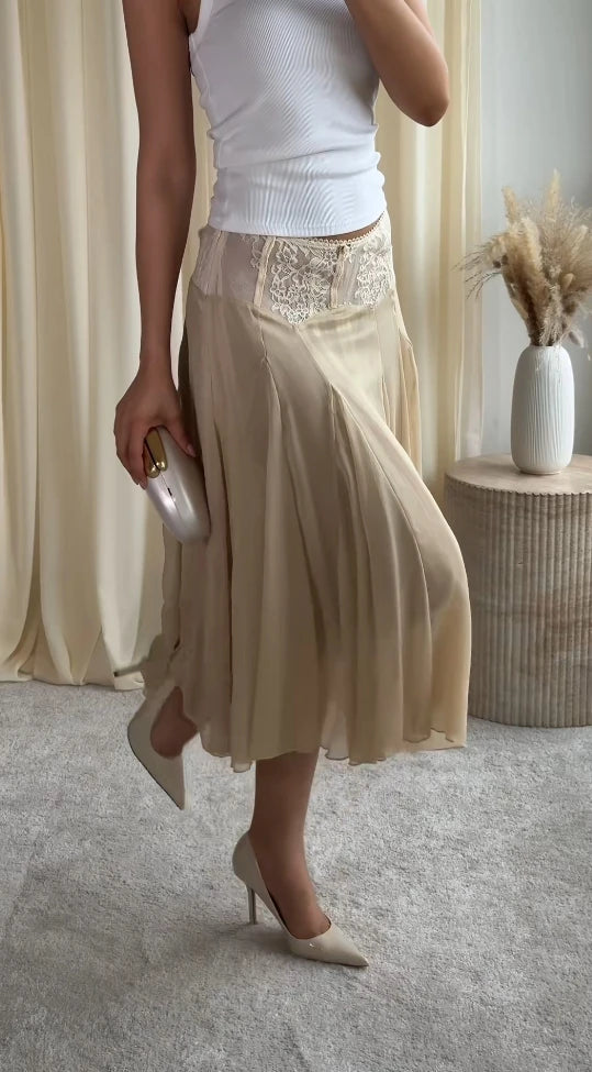 Cyflymder  Sheer Mesh Lace Trim Midi Skirt Slim Fit Flared Silhouette Summer Elegant Women Casual Skirt Retro Chic Lady Daily Bottom