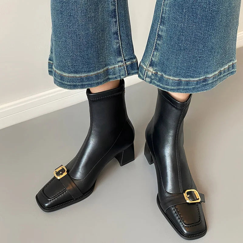 Cyflymder  Vintage Thick Heel Woman Ankle Boot Fashion Belt Buckle Ladies Elastic Slim Short Booties Autumn Winter Women's Shoes