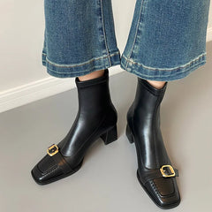 Cyflymder  Vintage Thick Heel Woman Ankle Boot Fashion Belt Buckle Ladies Elastic Slim Short Booties Autumn Winter Women's Shoes