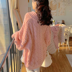 Cyflymder Pink Kawaii Oversize Knitwear Sweaters Women Sweet Cute Big Bow Pullovers Autumn Winter Keep Warm Lantern Sleeve V-Neck Sweater