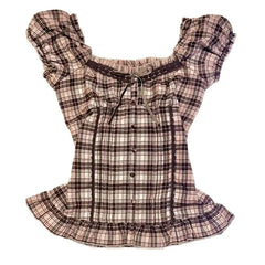 Cyflymder  Harajuku Literary O Neck Short Sleeve T Shirt Y2k Fashion Constrast Color Plaid Slim Thin Women Tops Single Breasted Punk Blouse