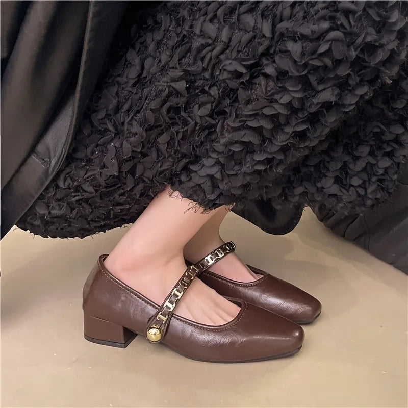 Cyflymder  Retro low-heeled single shoes for women, new summer fashion gold buckle square toe comfortable high-heeled leather shoes