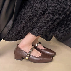 Cyflymder  Retro low-heeled single shoes for women, new summer fashion gold buckle square toe comfortable high-heeled leather shoes