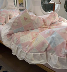 Cyflymder  Cute sweet pink blue rabbit bow cake bedding set,twin full queen lovely kawaii cotton home textile sheet pillow case quilt cover