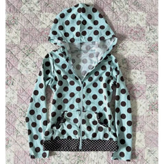 Cyflymder  Y2K Light Blue Polka Dot Hooded Zip Up Hoodie Women Slim Hem Retro Thin Jacket Spring Autumn