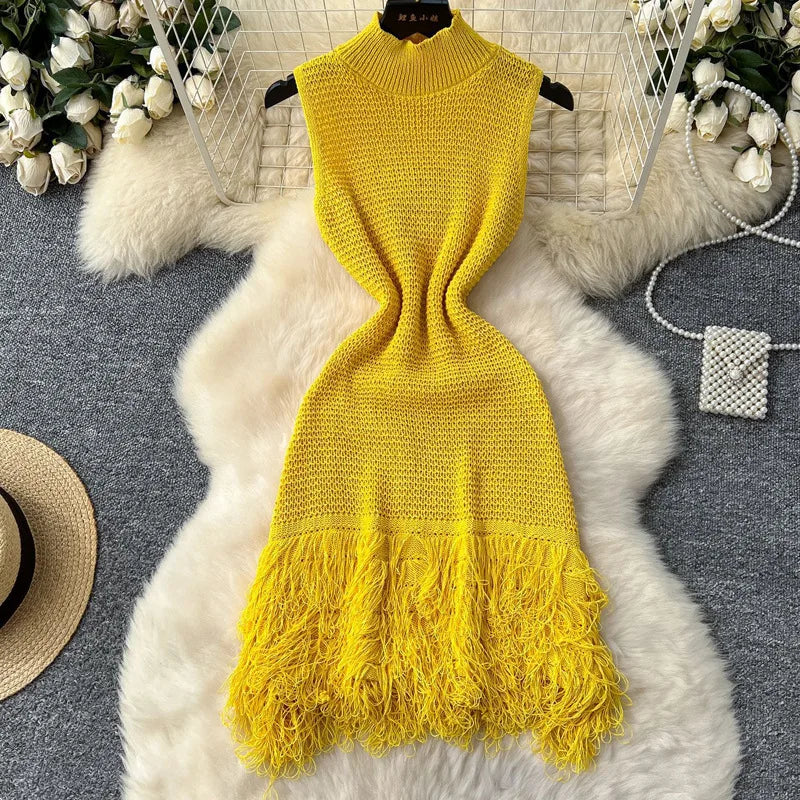 Cyflymder  Sexy Dress Women Sleeveless Hollow Out Patchwork Tassel Slim Bodycon Knitted Short Dresses