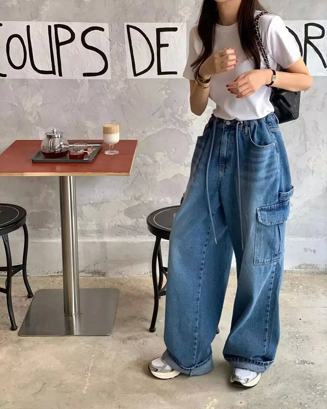 Cyflymder  Drawstring Large Pocket Neutral Loose Overalls Denim Wide-leg Pants
