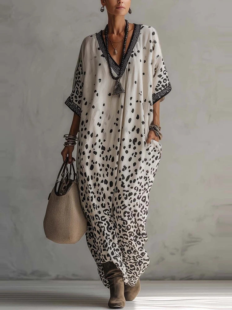 Cyflymder  Summer Half Sleeve Chic Party Dress Women Holiday Casual V Neck Simple Maxi Dress Leopard Printing Pocket Loose Ladies Dress