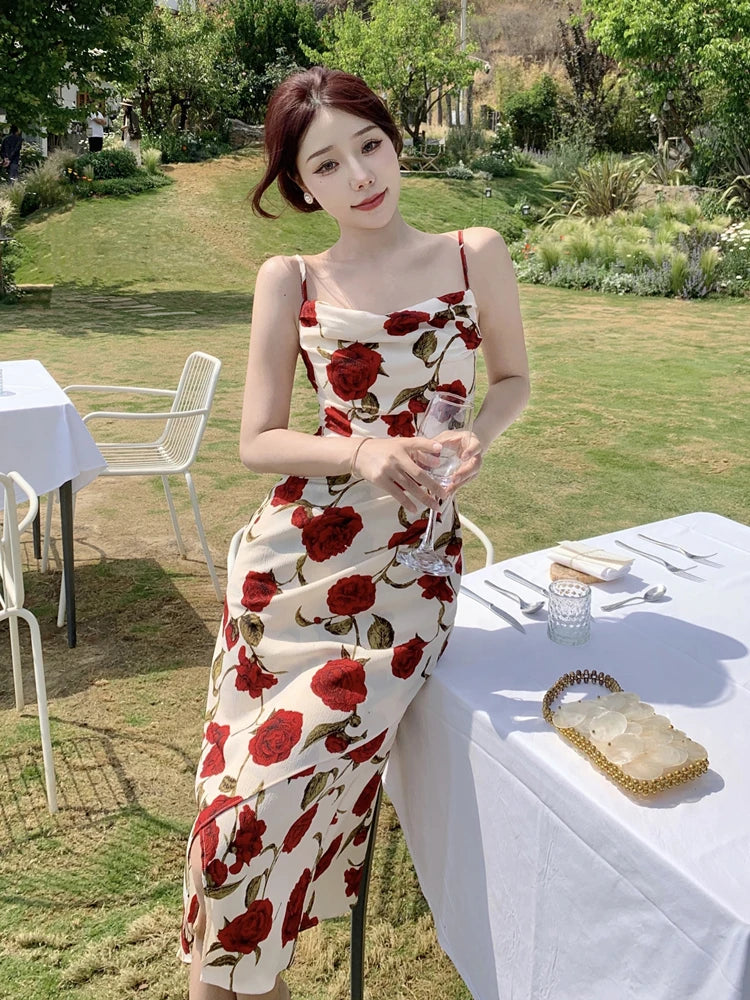 Cyflymder  Vintage Slash Neck Spaghetti Strap Rose Floral Chiffon Midi Dress for Women Party Elegant Bodycon Beach Robe Vestidos Summer New