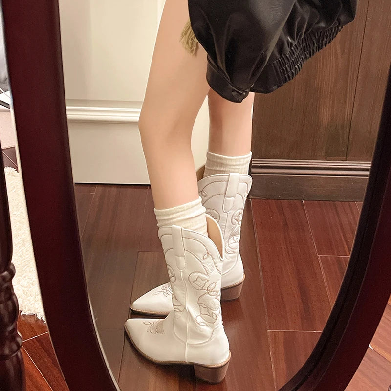 Cyflymder  Autumn Winter Vintage Women Western Cowboy Boots Fashion Slip On Thick Heel Shoes Embroidery Knight Mid Calf Botas