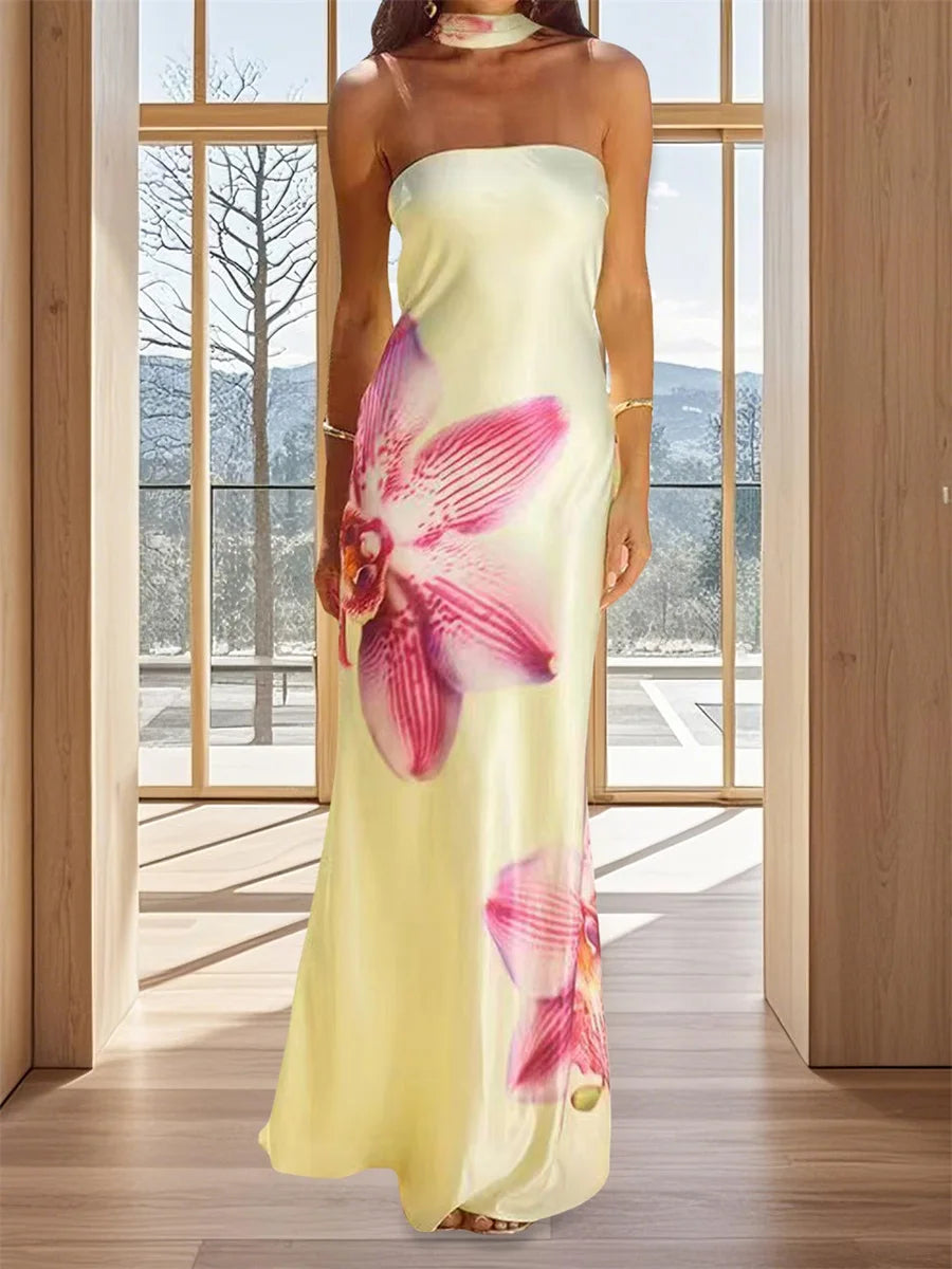 Cyflymder  Elegant Off-Shoulder Maxi Dress with Floral Print and Matching Shawl Women s Sleeveless Summer Gown for Special Occasions