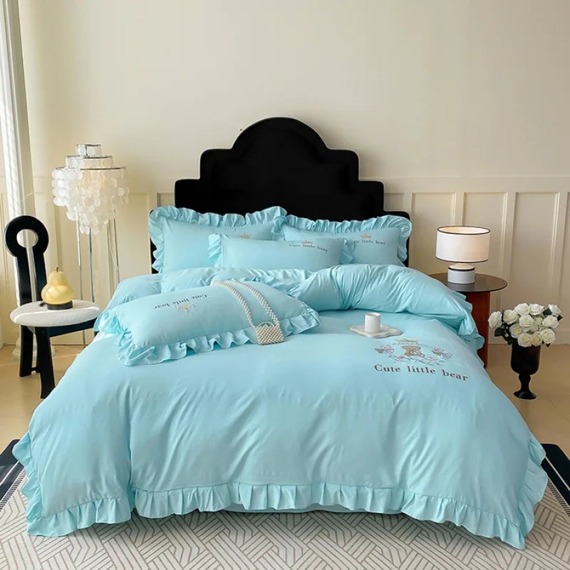 Cyflymder  French Embroidered Bed Skirt Bedding Sets Washed Cotton Knitted Bedclothes with Ruffled Edges Universal Size Textile Supplies