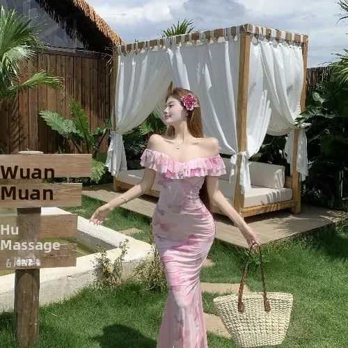 Cyflymder  Sexy Spicy Girl Pure Desire Sle Floral Print Bodycon Dr oulder Bared Lace  Slimming Wrap High Waist Fi Tail Skirt