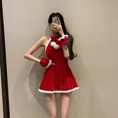 Cyflymder  Sexy Christmas Outfit Santa Claus Cosplay Cheongsam Style Red Dress Chinese New Year Tempting Dresses Party Performance Clothing