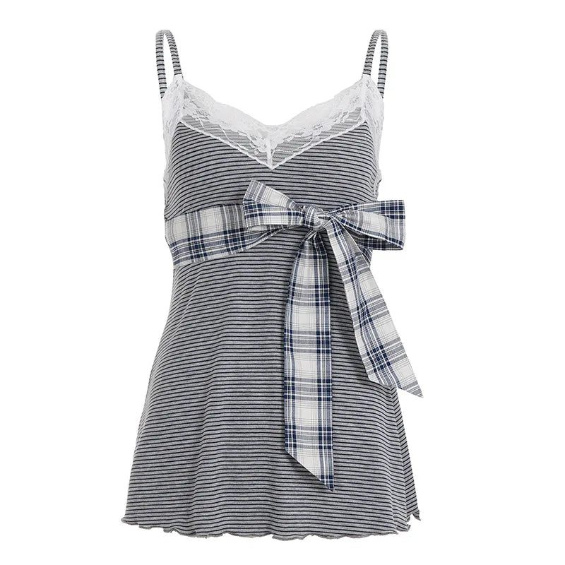 Cyflymder  Sweet Girly Style Bow Stitched Plaid Lace Suspender Top V-neck with Bottoming Baby Doll Vest for Women
