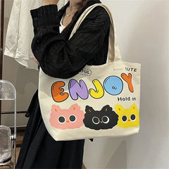 Cyflymder  Letter Printed Tote Bag, Cute Cartoon Canvas Handbag Shoulder Bag, Large Capacity Shopping Bag, Campus Computer School Book Bag