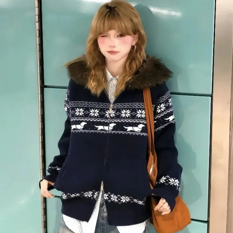 Cyflymder  Retro Preppy Jacquard Sweater Jacket Autumn Winter Casual Hooded Knitted Coat Women Loose Imitation Fur Zipper Outerwears A174