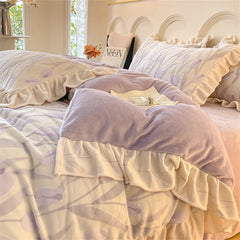 Cyflymder New Bedding Set High Weight Carved Milk Flour Set Girl Ruffle Bed Tulip Thicken Warm Quilt Cover Sheet Pillowcase Decor Bedroom