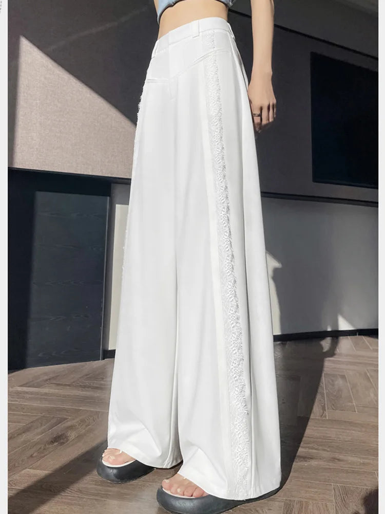 Cyflymder  Lace Patchwork Suit Wide Leg Pant Women Elegant Sweet Loose High Waist Trousers Korean Fashion Casual Lady Ice Silk Pants