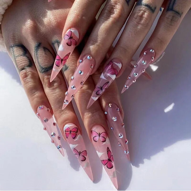 Cyflymder 24Pcs Long Stiletto Fake Nail Pink Marble Design Wearable French Almond False Nails Full Cover Press on Nails DIY Stick on Nails