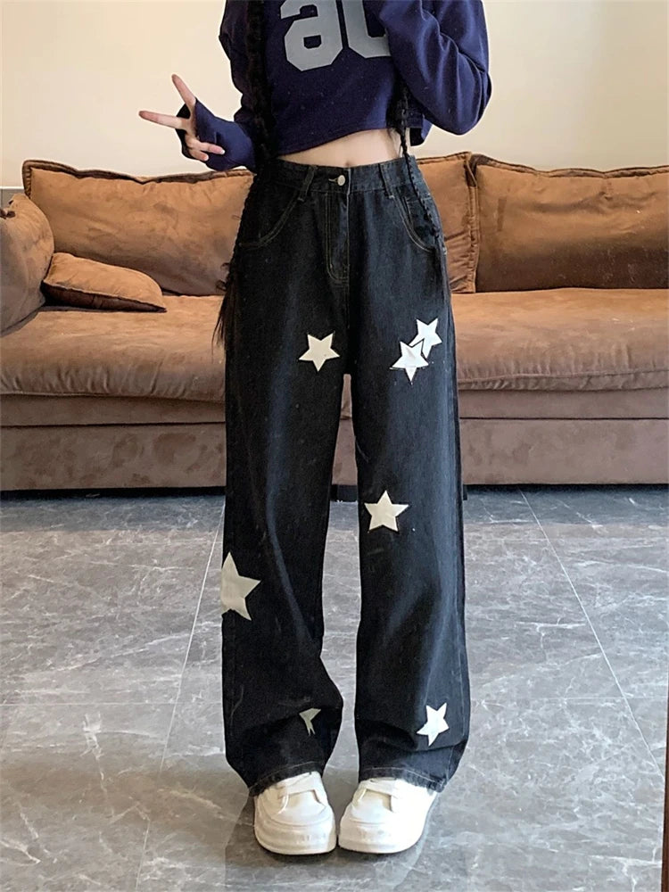 Cyflymder  Women's White Star Print Wide Leg Black Jeans Cool Girl Streetwear Fashion High Waist Pant Female Straight Design Trousers