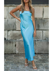 Cyflymder  Women Summer Solid Color Party Strapless Dress Sleeveless Backless Elastic Strap Silk Surface Elegant Long Dress
