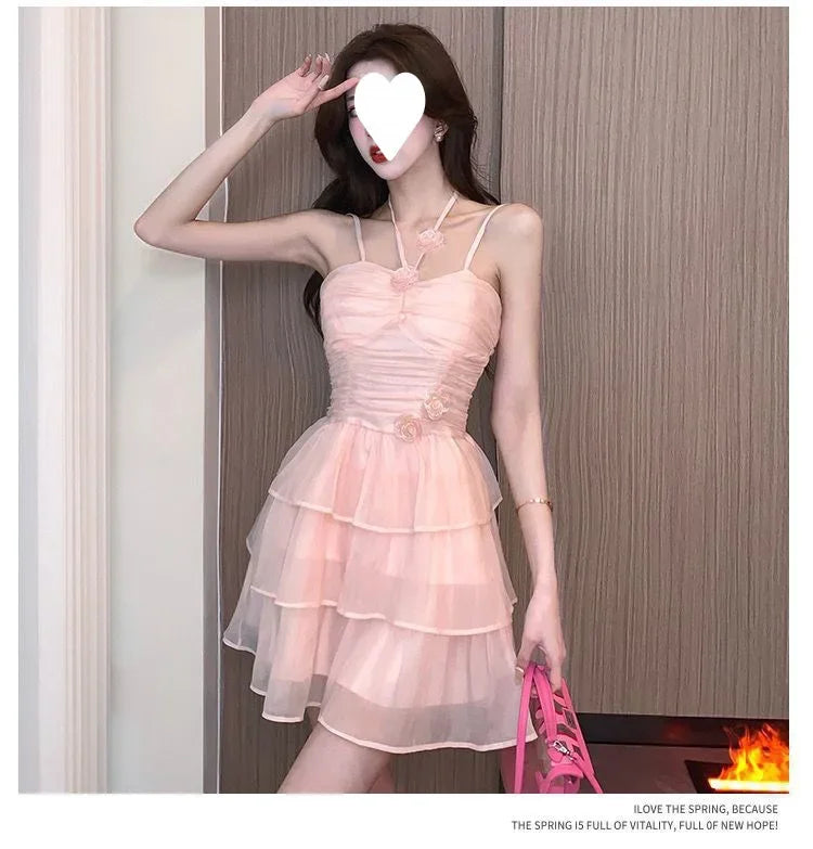 Cyflymder  Ballet Style Off-Shoulder Strap Dress Women's Summer New Waist-Cinching Slimming Heavy-Work Design Short Cake Skirt Dress