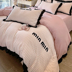 Cyflymder Ruffles Striped Bedding Bed Sheet Duvet Cover Fitted Full Bedspreads Sets AB Double-sided Skin-friendly Summer Bedroom Linens