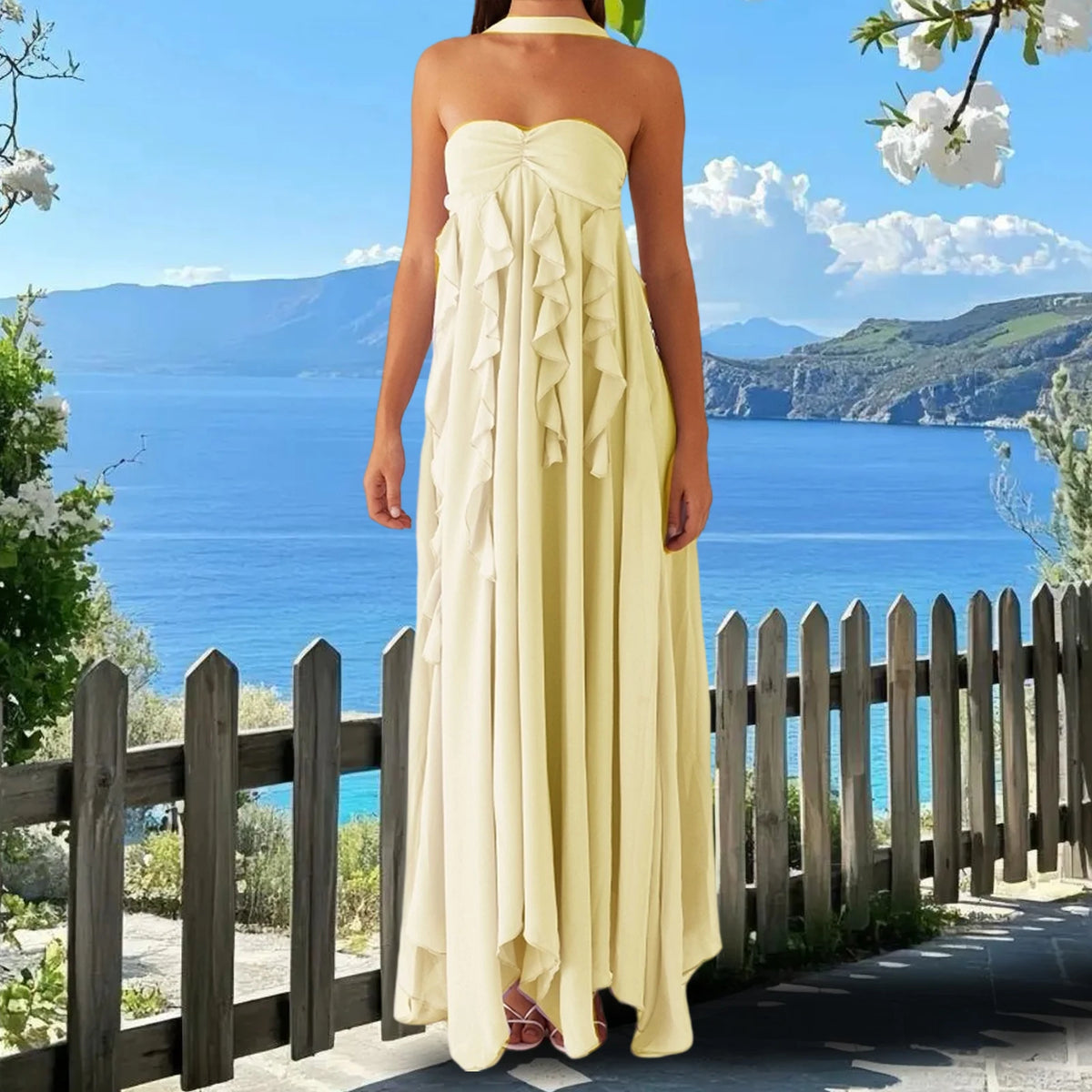 Cyflymder  Womens Tube Strapless Pleated Maxi Dress with Scarf Formal Cocktail Ruffle Flowy Long Dresses Beach Elegant Sundress
