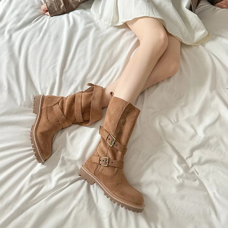 Cyflymder Fashion Buckle Women Boots Suede Leather Handmade Round Toe Spike Heel Boots Autumn Winter New Western Mid-calf Booties