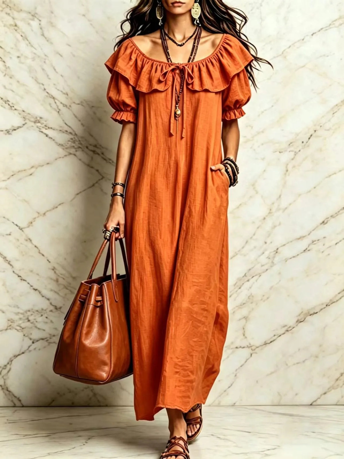 Cyflymder  Summer Woman Dress Round Neck Short Sleeve Ruffle Dresses Women's Summer Loose Fit Maxi Dress Chiffon Boho Style Casual Dress