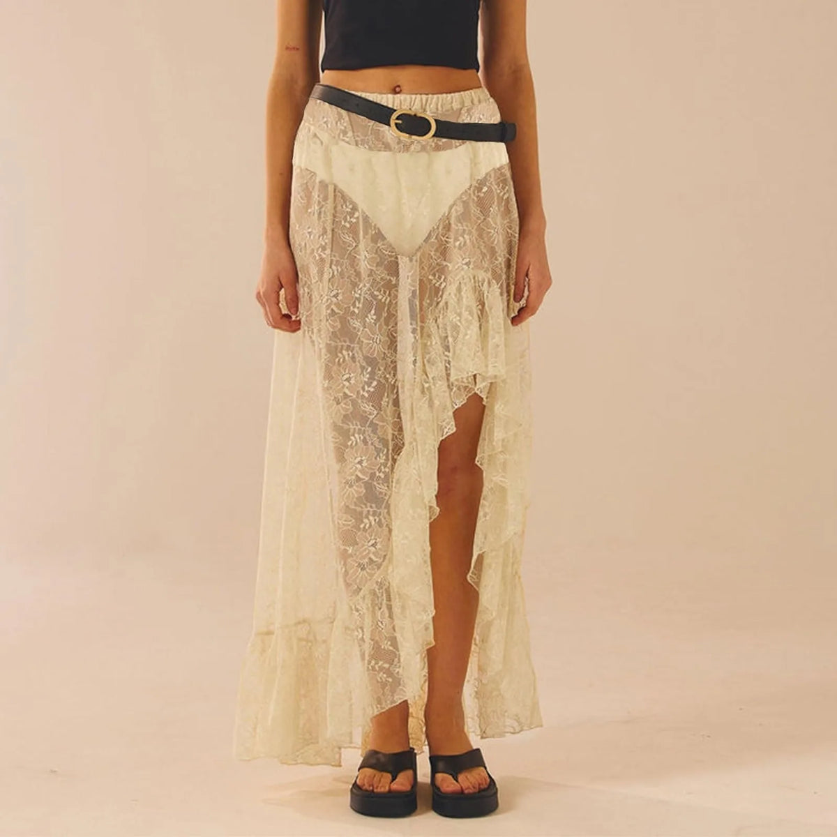 Cyflymder  Sexy Lace Skirt Asymmetrical See-Through Floral Mesh High Split Floor Length Long Skirt Women's Beige Y2k Ruffled Maxi Skirt