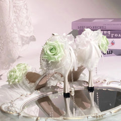 Cyflymder  Lolita cosplay high heel Mary jane shoes y2k heels rose wedding shoes bridal heels pointed toe heel green white heel