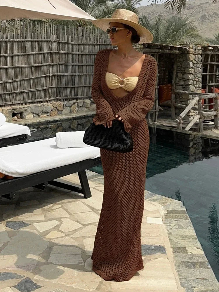 Cyflymder  Sexy U-neck Bell Sleeve Knit Maxi Dress Summer 2024 Women Swimwear Feminine Bikinis Cover-ups Holiday Crochet Beach Outfit K21