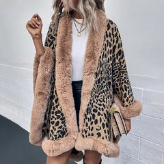 Cyflymder  Winter Warm Fur Collar Cape Cardigan Leopard Shawl Sweater for Women Jacekts Long Sleeve Coats Phonchos Cloak knitted Outwear
