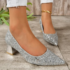 Cyflymder Silver Glitter Thick Heels Pumps Women Luxury Pointed Toe Party Wedding Shoes Woman Plus Size 42 Shallow High Heels Pumps Ladies