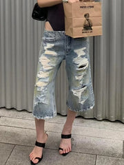Cyflymder   Summer Capri Pants Women Washed Distressed Ripped American Vintage Street Style Straight Leg Loose Slim Mid Length Denim Pants