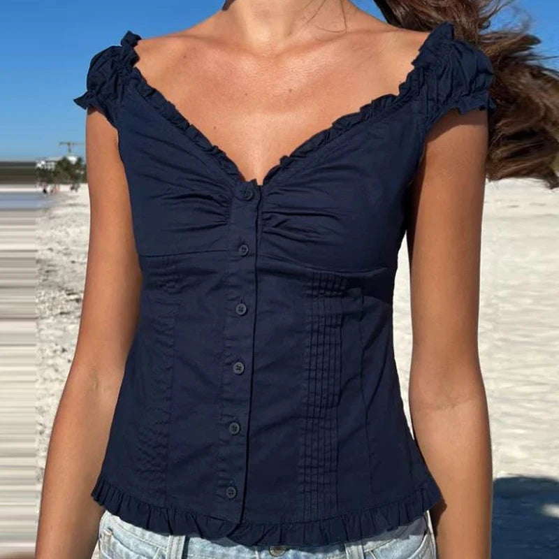 Cyflymder  Preppy Button Down Blouse Tops Y2k Vintage Cap Sleeve Women T-shirt 00s Fairy Frill V Neck Crop Tops Milkmaid Vest