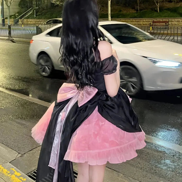 Cyflymder DRESS TO IMPRESS Japanese Gothic Lolita Dress Women Kawaii Bow Bear Lace Pink Black Off Shoulder Princess Dresses Girls Sweet Halloween Costume