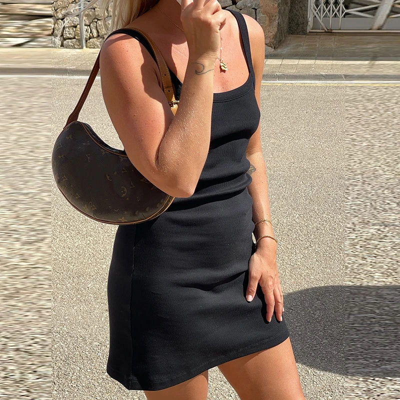 Cyflymder  Casual Daily Ribbed Knitted Cami Dress Summer Sleeveless Wrap Bodycon Women Elegant Y2K Vintage Slim Fit Mini Dress