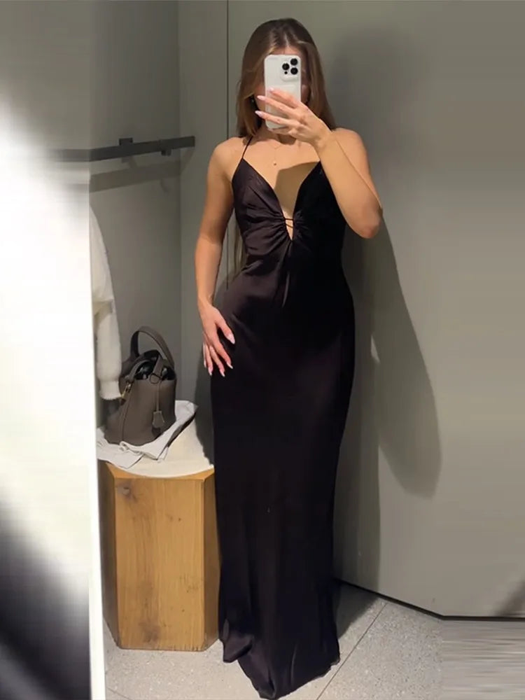 Cyflymder  Deep V Pleat Slip Long Dress Women Sexy Sleeveless Backless Waist Cinching Hip Package Dragging Party Dresses Chic Ladies Robes
