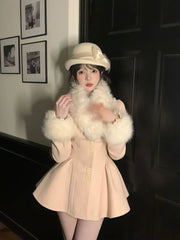 Cyflymder  Coquette Sweet Elegant Woolen Mini Dress Set Women Fur Trim Collar Cuff Ruched Button Slim Fit Shorts Dress Elegant Party Outfit