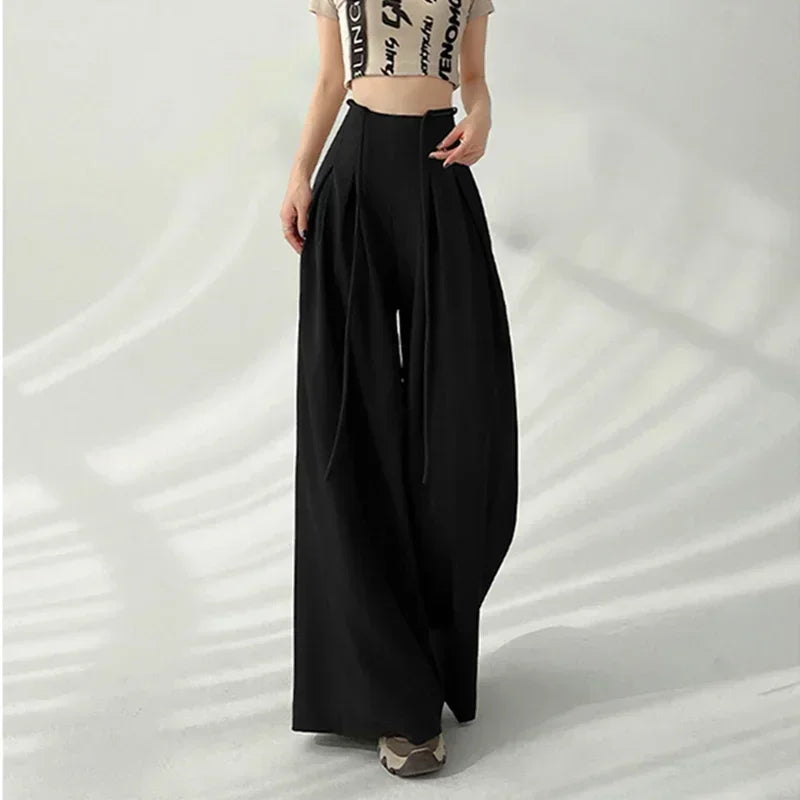 Cyflymder  Streetwear Wide Leg Pants Women Korean Black High Waist Suit Pants Summer Fashion Elegant Lace Up Straight Trousers New