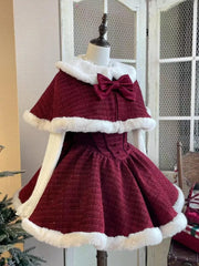 Cyflymder Christmas New Year 3 Piece Set Sweet Lolita Style Dress Sets Womens Elegant Chic Bow Plush Shawl Short Jackets Mini Skirts Suit