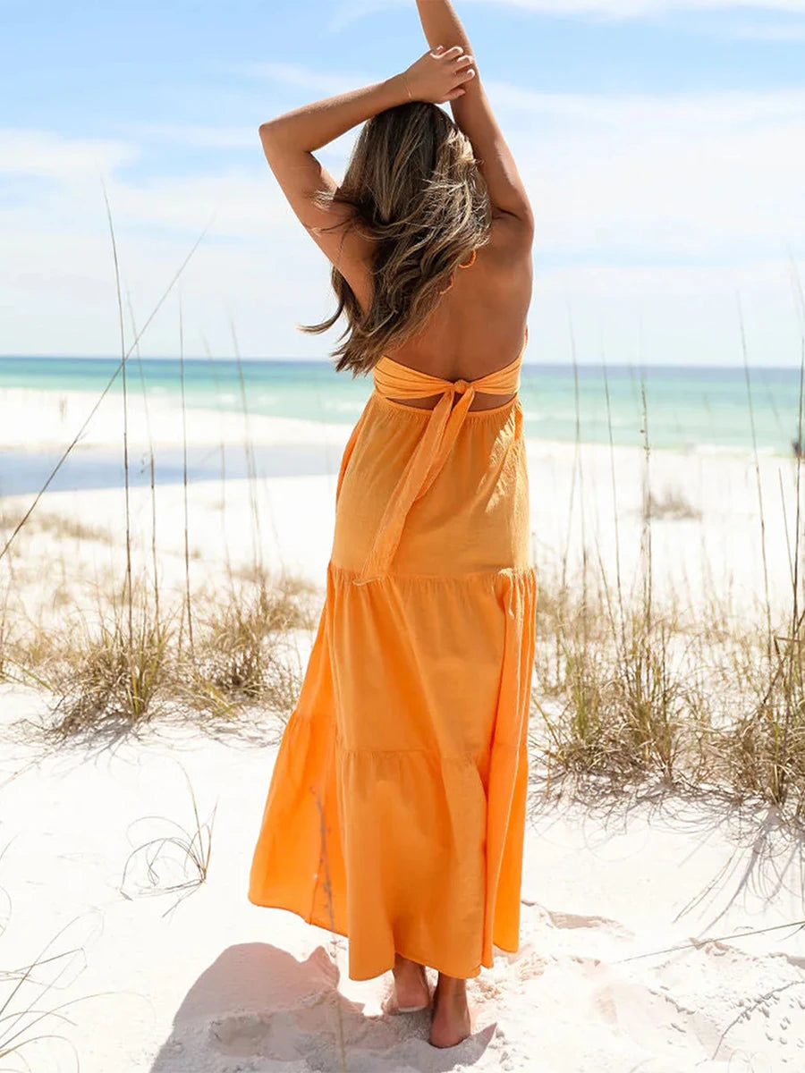 Cyflymder  Elegant Sleeveless V-Neck Maxi Dress with Floral Print and Ruffle Hem for Summer Beach Wedding Party Vacation Wear